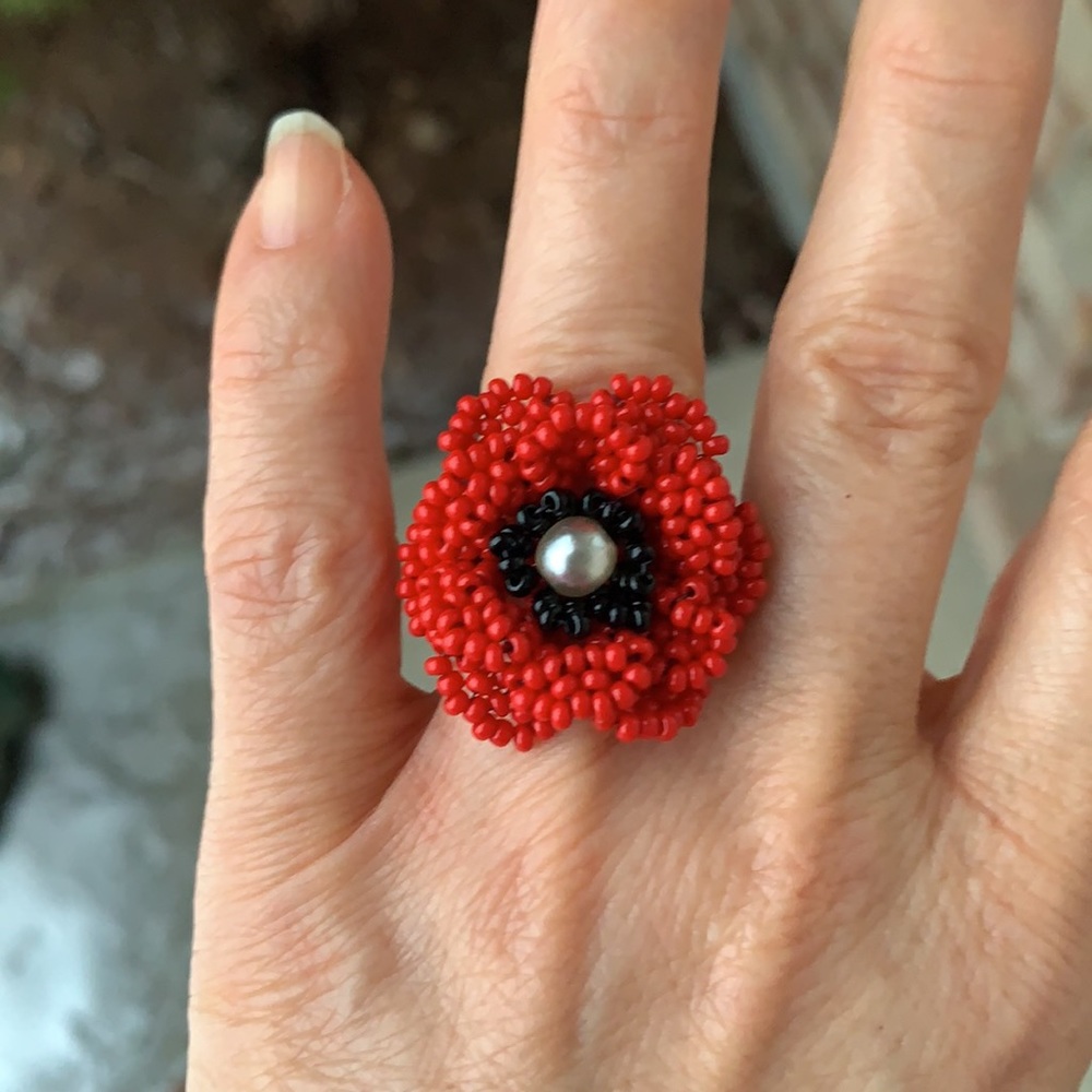 🌷3 for $25🌷Handmade, Red & Black 5 Petal Flower Ring, Fits Up To Ring Size 8
